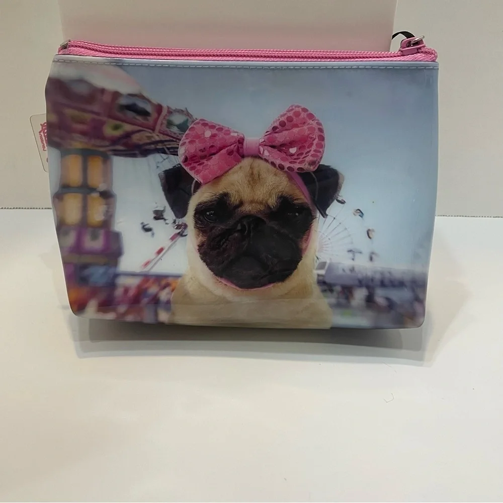 Catseye London Pug Dog Cosmetic Bag with Pink Bow. Zipper. Used. Vinyl.